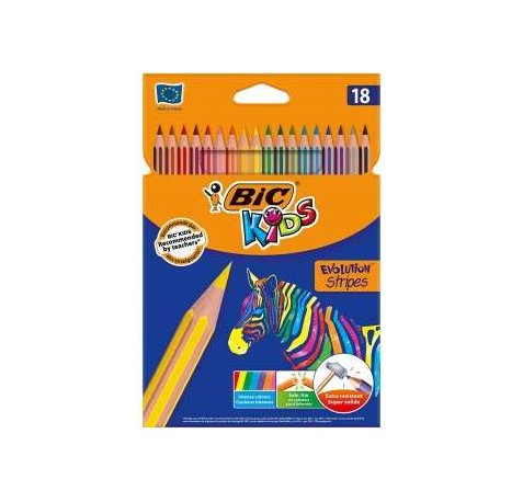 Bic Kids Evolution Stripes Caja de 18 Lapices de Colores surtidos - Fabricados en Resina - Punta Ultraresistente - Mina Pigmentada de 3.20 mm