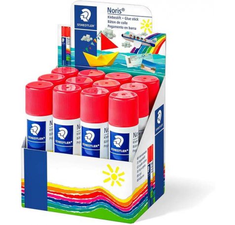 Staedtler Noris Expositor de 12 Barras de Pegamento 20gr - Sin Disolventes - Uso Escolar - Pega Papel, Cartulina, Tejido etc