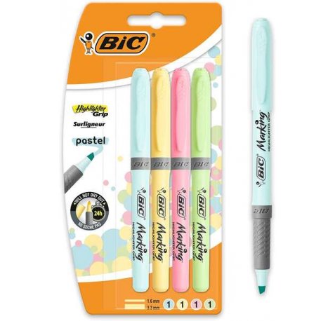 Bic Highlighter Grip Pack de 4 Marcadores Fluorescentes Pastel - Tinta con Base de Agua - Punta Biselada - Trazo entre 1.60 y 3.30mm - Colores Surtidos