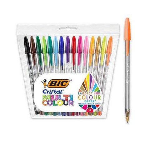 Bic Cristal Multicolour Pack de 15 Boligrafos de Bola - Punta 1.6mm - Trazo 0.42mm - Tinta con Base de Aceite - Colores Surtidos