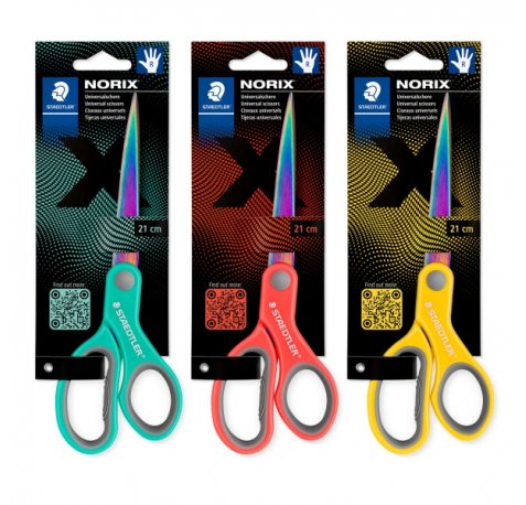 Staedtler Norix 965 Tijeras Escolares 21cm - Hojas de Acero Inoxidable con Apariencia de Titanio - Uso Diestro - Agarre Ergonomico - Colores Surtidos (12 uds)