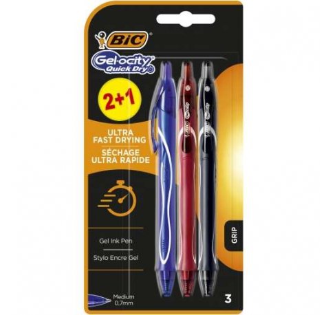 Bic Gel-Ocity Quick Dry 2+1 Pack de 3 Boligrafos Retractiles - Grip de Goma - Punta Media de 0.7mm - Secado Ultra Rapido - No Mancha el Papel - Colores Surtidos