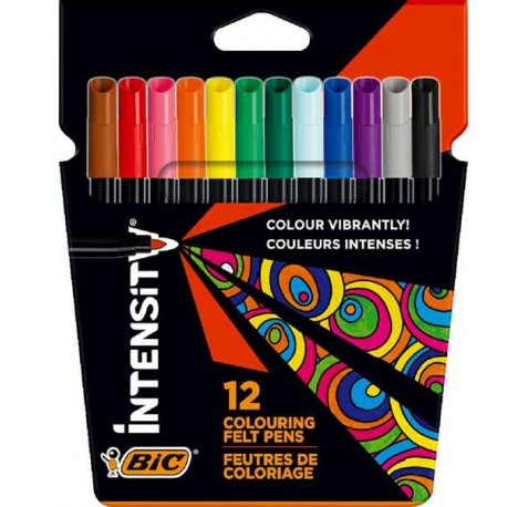 Bic Intensity Pack de 12 Rotuladores - Punta 0.9mm - Tinta con Base de Agua Lavable - Colores Surtidos