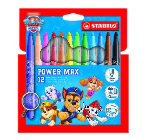 Stabilo Power Max Patrulla Canina Pack de 12 Rotuladores de Punta Gruesa con DiseÃ±os de la Patrulla Canina - Trazo 3mm - Tinta Lavable - No se Seca - Colores Surtidos