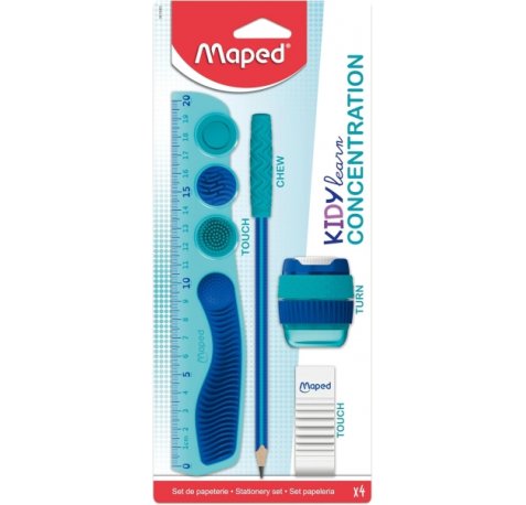 Maped Kidy Lern Concentration Pack con Regla 20cm + Sacapuntas + Goma de Borrar + Lapiz - DiseÃ±ados para Ayudar a la Concentracion - Zonas Tactiles Sensoriales - Color Azul