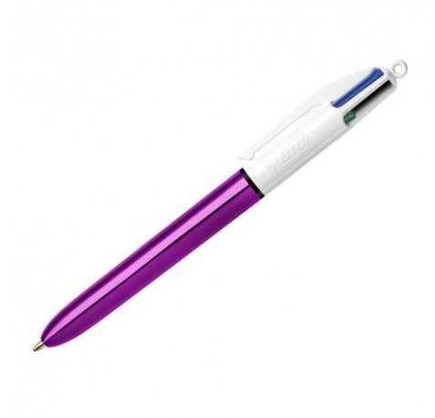 Bic 4 Colours Shine Boligrafo de Bola Retractil - Punta de 1mm - Trazo de 0.4mm - Tinta con Base de Aceite - Cuerpo Morado Metalizado/Blanco - 4 Colores (12 uds)