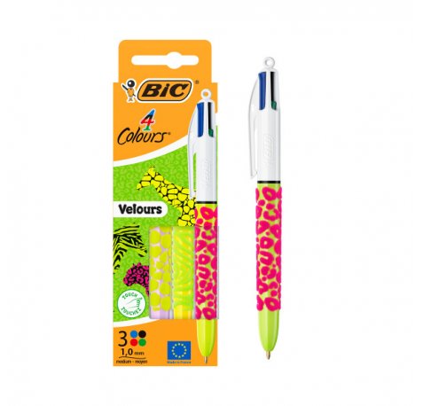 Bic 4 Colours Velours Pack con 3 Boligrafo de Bola Retractil - Punta Media de 1.0mm - Tinta con Base de Aceite - Cuerpo con Relieve Suave al Tacto - 4 Colores de Tinta