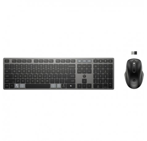 HP 725 Combo Teclado y Raton Inalambricos Multidispositivo Recargables - Bluetooth + 2.4GHz - 22 Teclas Programables - Tecla Copilot - Raton Optico Multiâ??Superficie 4000 DPI con 5 Botones Programables - Color Negro