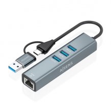 Aisens Conversor USB3.2 Gen1 + USB-C a Ethernet Gigabit 10/100/1000 Mbps - Hub 3xUSB3.0 - 15cm - Color Gris