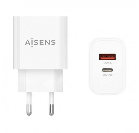 Aisens Cargador 20W - 1xUSB-C PD3.0 - 1xUSB-A QC3.0 - Color Blanco