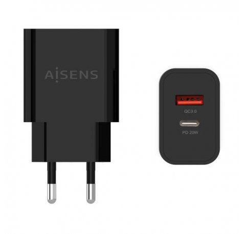 Aisens Cargador 20W - 1xUSB-C PD3.0 - 1xUSB-A QC3.0 - Color Negro