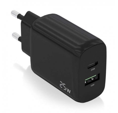Aisens Cargador 25W - 1xUSB-C PD3.0 - 1xUSB-A QC3.0 - Color Negro