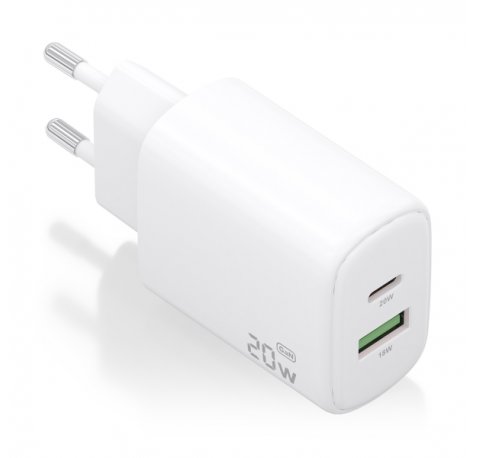 Aisens Cargador GaN 20W - 1xUSB-C PD3.0 - 1xUSB-A QC3.0 - Color Blanco