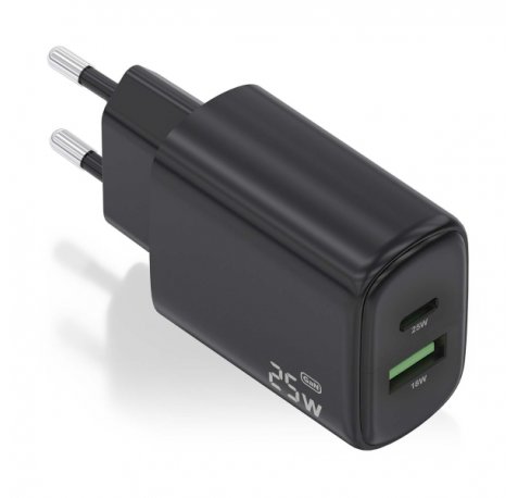 Aisens Cargador 25W - 1xUSB-C PD3.0 - 1xUSB-A QC3.0 - Color Negro