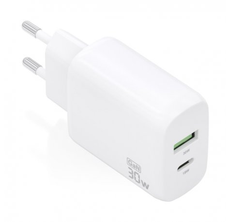Aisens Cargador GaN 30W - 1xUSB-C PD3.0 QC4.0 - 1xUSB-A QC3.0 - Color Blanco