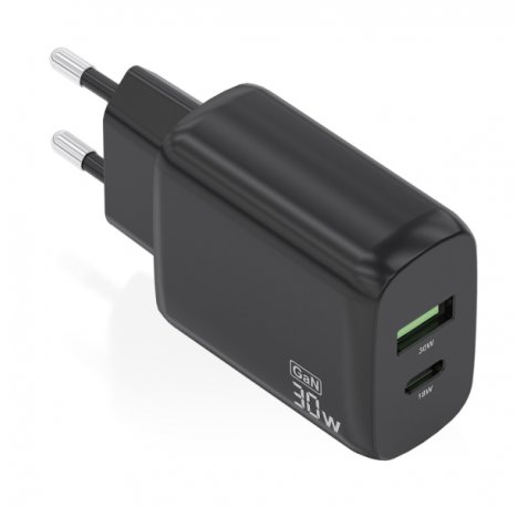 Aisens Cargador GaN 30W - 1xUSB-C PD3.0 QC4.0 - 1xUSB-A QC3.0 - Color Negro