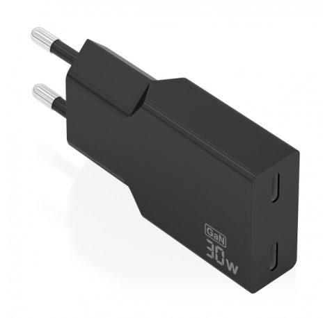 Aisens Cargador de Pared - 30W - GaN - 2xUSB-C - Power Delivery 3.0 - Ultra Delgado - Multiples Protecciones de Seguridad - Color Negro