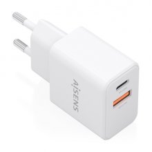 Aisens Cargador Gan 20W - 1xUSB-C PD3.0 - 1xUSB-A QC3.0 - Color Blanco