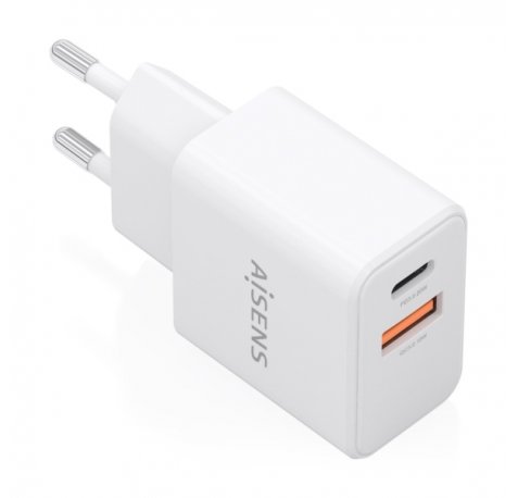 Aisens Cargador Gan 20W - 1xUSB-C PD3.0 - 1xUSB-A QC3.0 - Color Blanco