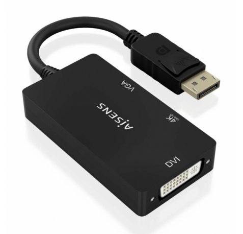 Aisens Conversor MST/SST Displayport a DVI/HDMI/VGA 3 en 1 - Conector DP Macho - Salidas HDMI 4K@60Hz, DVI y VGA - Soporta Modo SST y MST - Color Negro