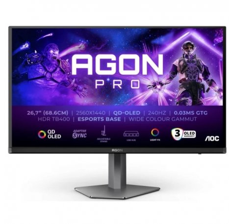 AOC AGON PRO AG276QZD2 Monitor 26.7" QD-OLED QHD 240Hz HDR400 - Respuesta 0.03ms - Altavoces 10W - Ajustable en Altura, Inclinacion y Rotacion - HDMI, DisplayPort, USB - VESA 100x100mm - Color Negro