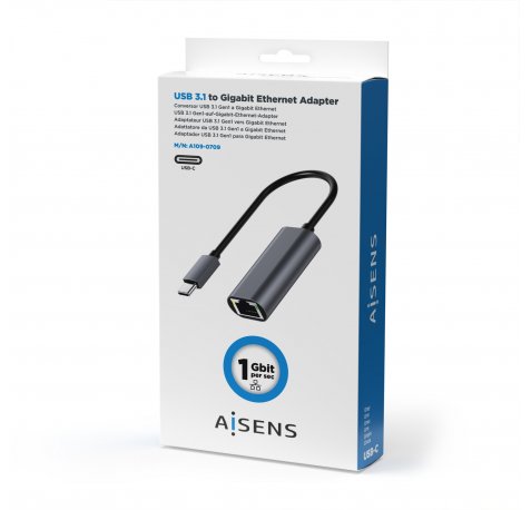 Aisens Conversor USB3.1 GEN1 USB-C a Ethernet Gigabit 10/100/1000 Mbps - 15cm - Color Gris
