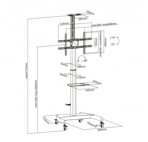 Aisens Soporte de Suelo para TV/Monitor de 37" a 70" - Max 50kg - Ajustable en altura - Movimiento Horizontal y Vertical
