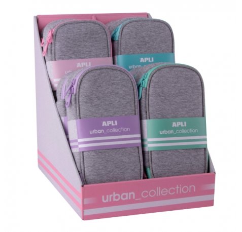 Apli Urban Collection Expositor de 8 Estuches de Neopreno Planos Rectangulares - Bolsillo Interior con Cremallera - Medidas 230x60x120mm - Colores Surtidos