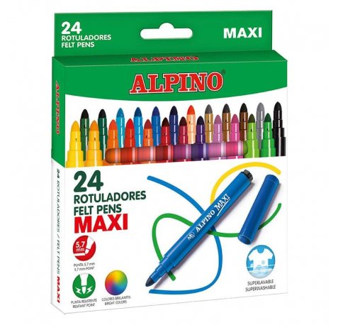 Alpino Pack de 24 Maxi Rotuladores Gruesos - Punta de 6mm - Superlavables, Resistentes y Duraderos - Colores Brillantes - Colores Surtidos