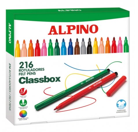 Alpino Pack Economy con 216 Rotuladores de Colores - Punta de 3mm - Superlavables y Brillantes - Uso Escolar - Desarrolla la Creatividad - Colores Surtidos