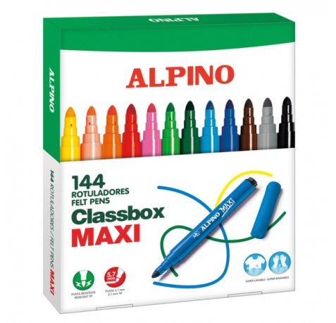 Alpino Maxi Pack Economy de 144 Rotuladores Gruesos - Punta de 6mm - Superlavables, Resistentes, Duraderos y de Colores Brillantes - Ideal para Uso Escolar - Colores Surtidos