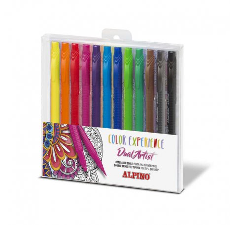 Alpino Color Experience Pack de 12 Rotuladores Doble Punta con Punta Pincel - Forma Triangular Ergonomica - Punta Fine Liner de 0.7mm y Punta Pincel de 2.9mm - Colores Surtidos