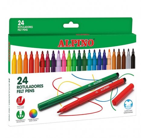 Alpino Pack de 24 Rotuladores Escolares - Punta Fina de 3mm - Superlavables y Brillantes - Desarrolla la Creatividad - Colores Surtidos