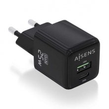 Aisens Cargador Gan 25W - 1xUSB-C PD3.0 QC4.0 - 1xUSB-A QC3.0 - Color Negro
