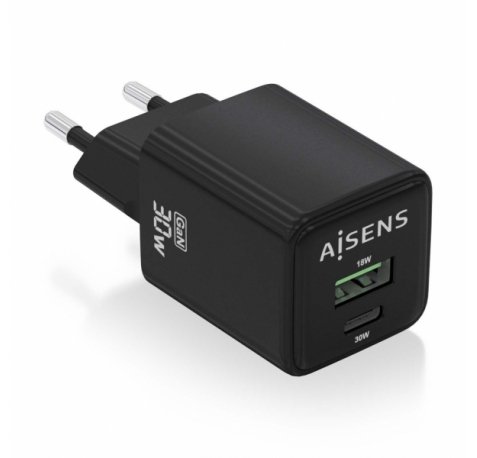 Aisens Cargador Gan USB-C 30W - Alta Eficiencia Energetica - Tecnologia AI para Carga Rapida - Multiples Protecciones de Seguridad - Compatible con USB-C y USB-A - Carga Simultanea de 2 Dispostivos