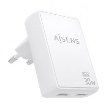 Aisens Cargador GaN Ultra Delgado 30W - 2xUSB-C PD3.0 QC4.0 - Tecnologia AI - Color Blanco