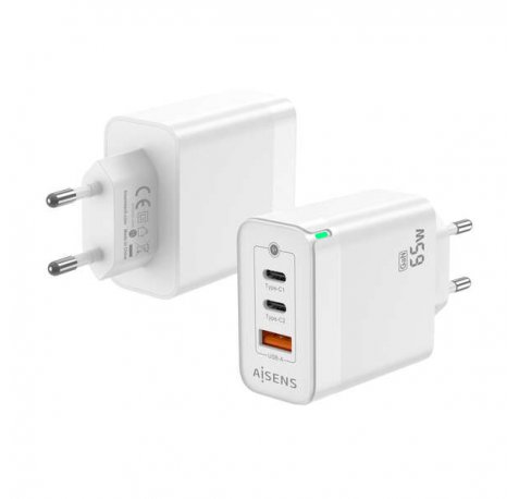 Aisens Cargador GAN 65W - 2xUSB-C PD3.0 QC4.0 - 1xUSB-A QC3.0 - Color Blanco