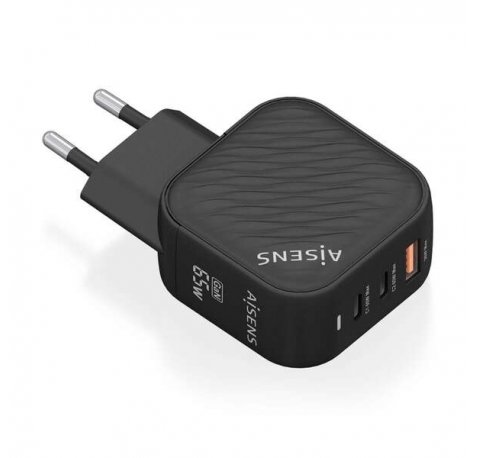 Aisens Cargador GAN 65W - 2xUSB-C PD3.0 QC4.0 - 1xUSB-A QC3.0