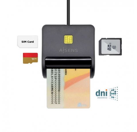 Aisens Lector de Tarjeta Inteligente DNI con Lector de Tarjetas SIM - SD - Micro SD - MMC - RS-MMC - MMC Micro - Color Negro