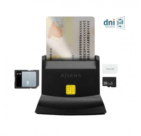 Aisens Lector de Tarjeta Inteligente DNI USB-C con Lector de Tarjetas SIM, SD, Micro SD, MMC, RS-MMC, MMC Micro - Color Negro