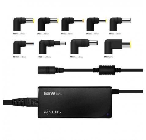 Aisens Cargador 65W Automatico Universal Multitension para Portatil con 9 Conectores + USB-A QC.3.0 - Color Negro