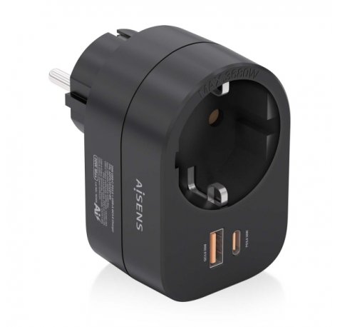 Aisens Regleta de Pared Multifuncion con 1 Toma + 1xUSB-C 20W PD3.0 - 1xUSB-A 20W QC3.0 - Color Negro