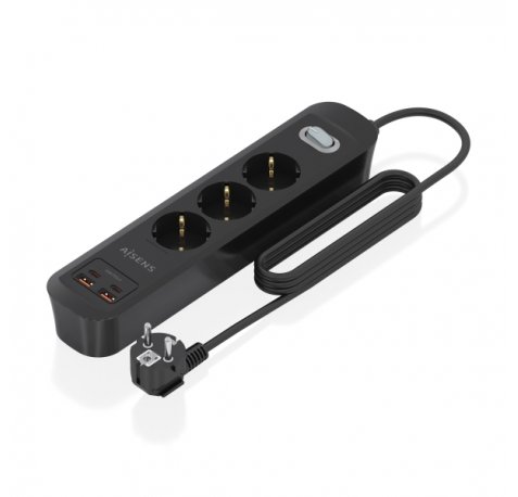 Aisens Regleta con 3 Tomas Schuko - 2xUSB-C - 2xUSB-A - Cable de 1.4m - Interruptor con Indicador LED - Power Delivery - Qualcomm 3.0 - Color Negro