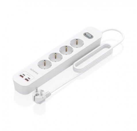 Aisens Regleta con 4 Tomas Schuko - 2xUSB-C - 2xUSB-A - Cable de 1.4m - Interruptor con Indicador LED - Power Delivery - Qualcomm 3.0 - Color Blanco