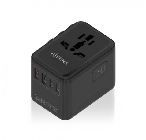 Aisens Adaptador de Viaje Universal GaN 35W - 2xUSB-A QC3.0, 2xUSB-C PD3.0 - Color Negro
