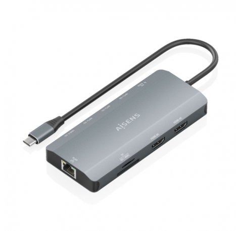 Aisens USB-C Dock 12 en 1 - USB-C a 2xHDMI - 1xRJ45 - 3xUSB-A - 1xUSB-C - 1xUSB-C PD 100W - 1xSD - 1xMicroSD - 20cm - Color Gris