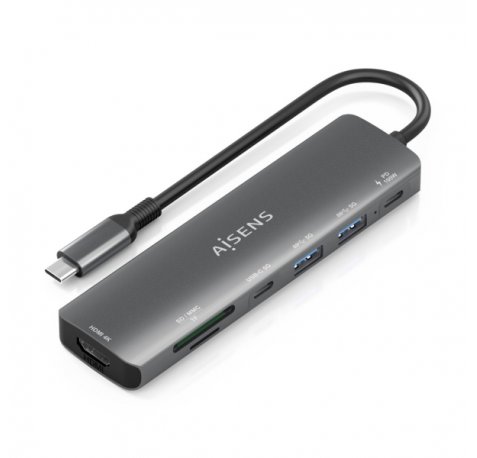 Aisens USB-C Dock 7 en 1 - USB-C a 1xHDMI - 2xUSB-A - 1xUSB-C - 1xUSB-C 100W - 1xSD - 1xMicroSD - 15cm - Color Gris