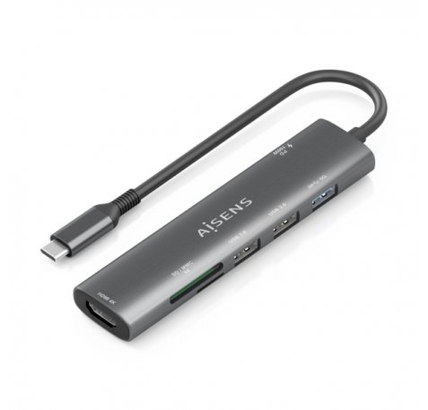 Aisens USB-C Dock 7 en 1 - USB-C a 1xHDMI - 2xUSB-A 2.0 - 1xUSB-A 3.0 - 1xUSB-C 100W - 1xSD - 1xMicroSD - 15cm - Color Gris