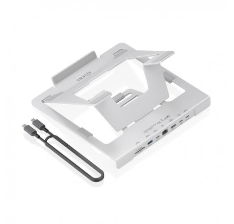 Aisens ASUC-7P045-GR Soporte para Portatil hasta 16" - Regulable en Altura - Antideslizante - Plegable - USB-C Docking 7 en 1 - Color Gris