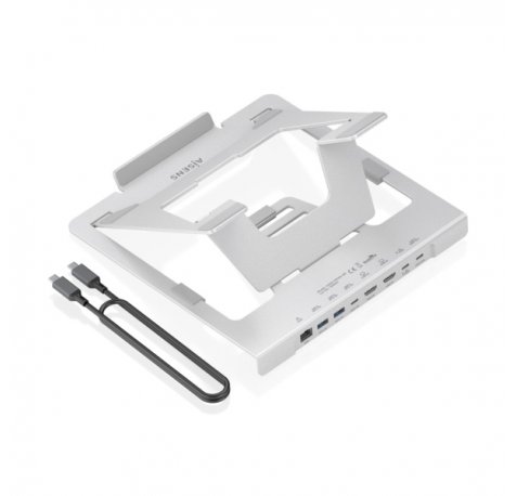 Aisens ASUC-7P046-GR Soporte para Portatil hasta 16" - Regulable en Altura - Antideslizante - Plegable - USB-C Docking 7 en 1 - Color Gris